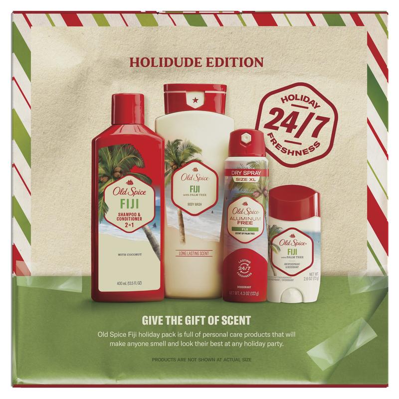 ($50 Value) Old Spice Holiday Gift Pack for Men, Fiji Scent, Body Wash, Antiperspirant and Deodorant, Aluminum Free Spray, 2 in 1 Shampoo