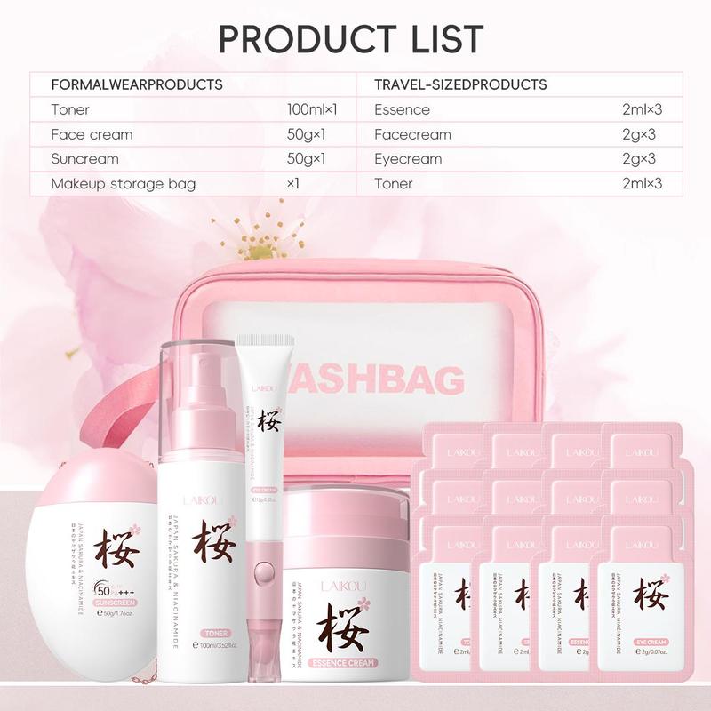 Sakura Skin Care Kit, 17pcs set Toner & Cream & Sunscreen & Eye Cream & Makeup Bag & Experience Pack, Portable Skin Care Kit for Women