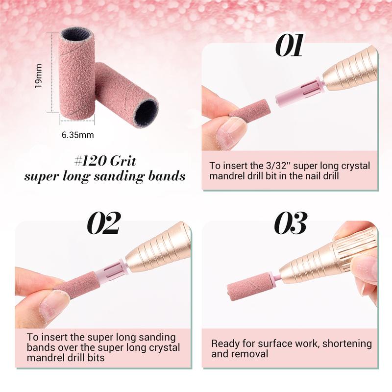 MelodySusie 50 Pcs Super Long Sanding Bands with 6.65mm Crystal Mandrel Bit, Nail File for Acrylic Gel Manicures and Pedicure Nail Care Nail Art