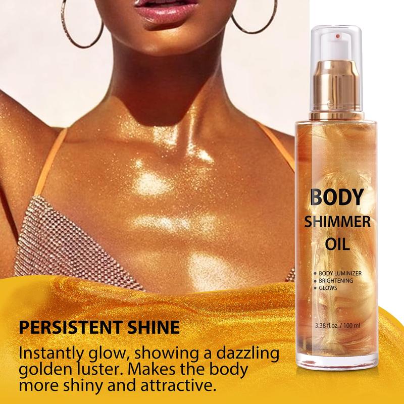 Trendy Beauty Essential! Shimmer Oil 100ml. Summer Moisturizing. Light Shimmer Glow. Non-Sticky. Summer Luminizer and Illuminator. Smooth. 3.38 Fl Oz (Pack of 1), Gold for a Radiant Look.