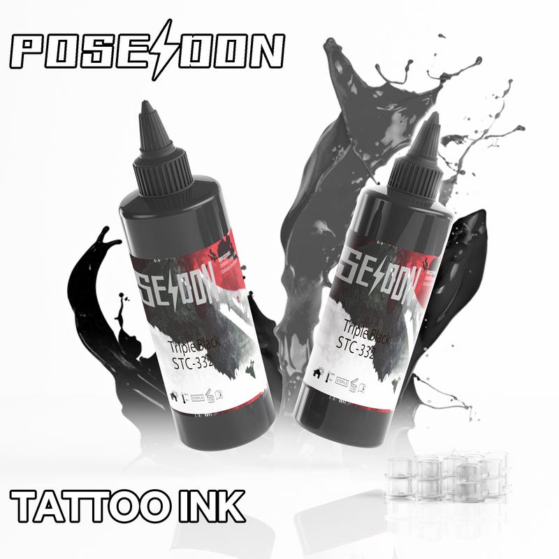 POSEIDON Triple Black Tattoo Ink - Professional, Safe, Long-Lasting Black for Outlining, Shading, Blending - Unscented, Bottle Container, Ink Effect