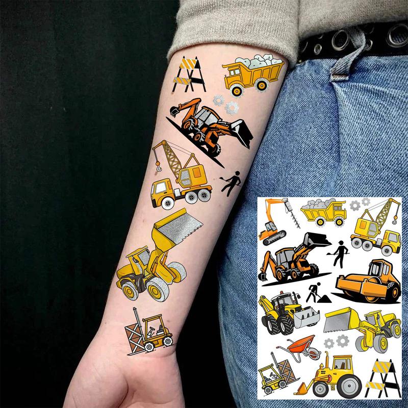 Groovy Excavator Cars Pattern Temporary Tattoo Sticker, 4 Counts set Children's Fake Tattoo Sticker, Body Art Sticker for Boys & Girls