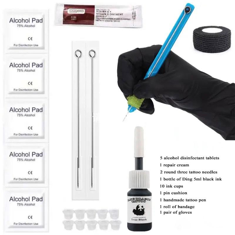 Beginner Hand Tattoo Kit - Traditional black tattoo pen kit with needle, paint and accessories - no battery required