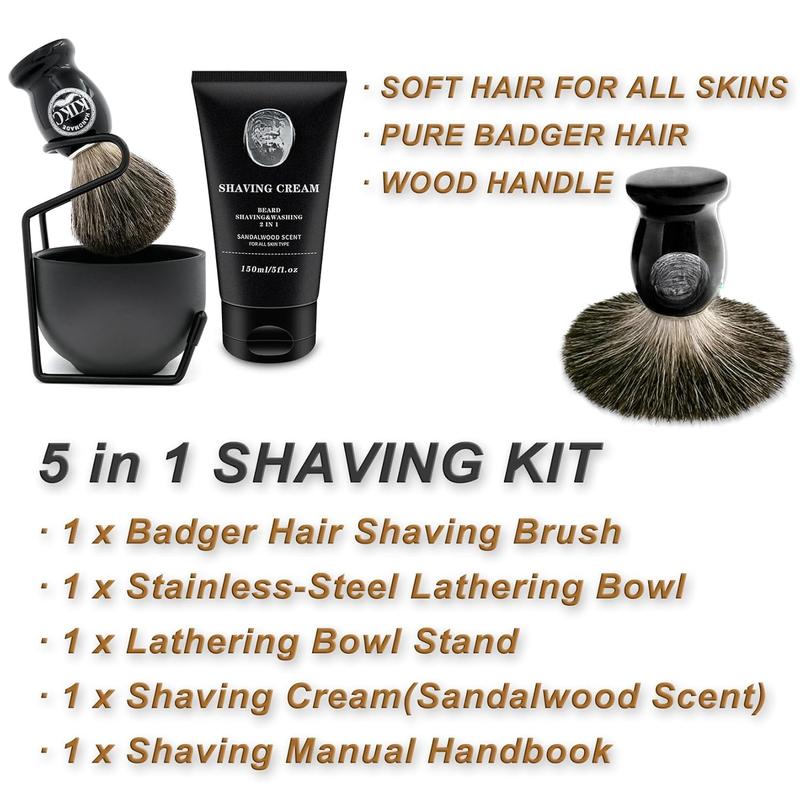 5 in 1 Shaving Kit for Wet Shave, Set Includes Hand Crafted Pure Badger Shave Brush, Stainless Steel Lathering Soap Bowl, Shave Brush Stand, Shaving Cream, Best Gift for Bearded Man, Deluxe Black