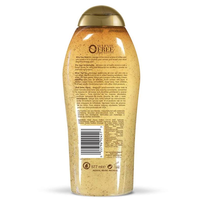 OGX Smoothing + Coconut Coffee Exfoliating Body Scrub with Arabica Coffee & Coconut Oil, Moisturizing Body Wash for Dry Skin, Paraben-Free with Sulfate-Free Surfactants, 19.5 Fl Oz OGX