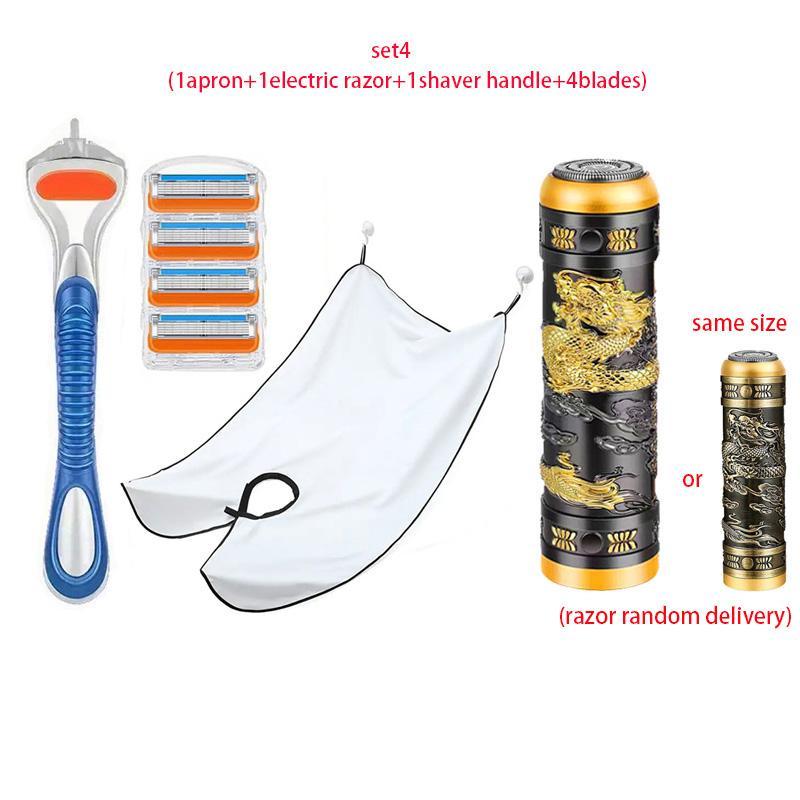 Beard Shaving Apron Set, 1 Set Multiple Types Beard Trimming Tool, Including Protective Cape & Manual Razor & Blades & Electric Razor, Christmas Gift