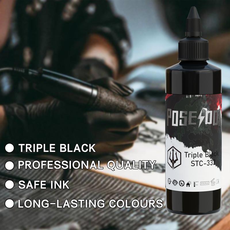 POSEIDON Triple Black Tattoo Ink - Professional, Safe, Long-Lasting Black for Outlining, Shading, Blending - Unscented, Bottle Container, Ink Effect