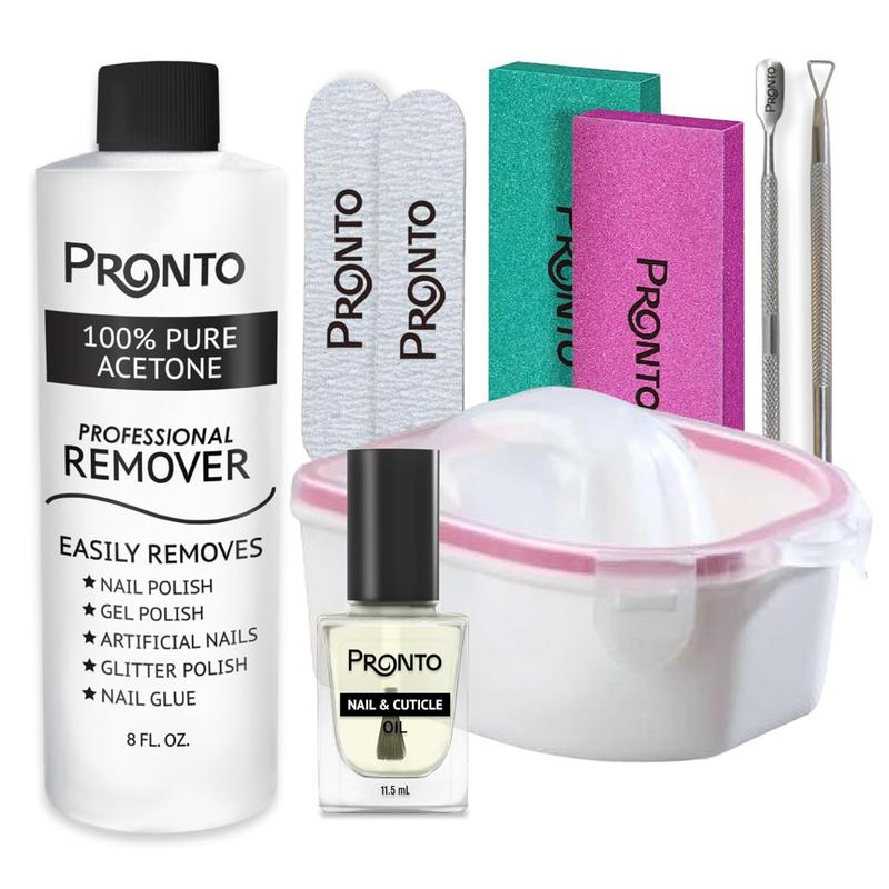 Gel Nail Polish Remover Kit - 8 oz 100% Pure Acetone, Nail File, Nail Polish Soaking Bowl, Cuticle Oil for Nail Care + Manicure Kit with Nail Polishing Block, Cuticle Pusher and Nail Scraper for Convenience