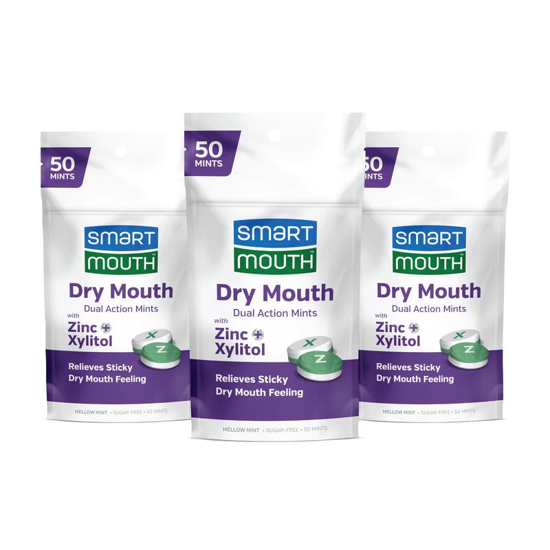 SmartMouth Dry Mouth Bundle for Dry Mouth Relief - 3 Pack Dual-Action Mints, 50 Count OR 1 Dry Mouth Mouthwash + 1 Pack Dual-Action Mints Oral