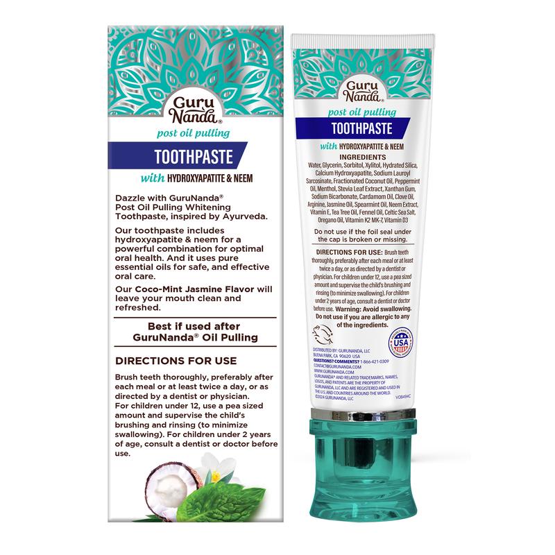 GuruNanda Non Fluoride, Hydroxyapatite, Whitening Toothpaste - Freshens Breath, Fights Plaque - CocoMint Jasmine Neem, 4.2oz