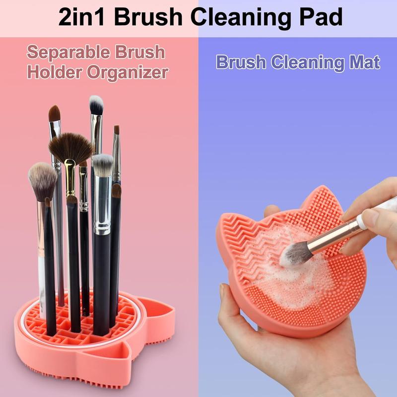 Makeup Brush Cleaning Mat with Drying Holder for Sink- Christmas Silicone Washing Cosmetic Brush Cleaner Pad (Orange)