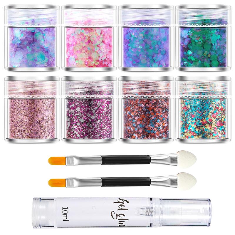 3D Glitter Body Glitter Kit, 11pcs set Colorful Glitter Powder & Gel & Brush, Body Makeup for Women & Girls, Cosmetic Festival Accessories