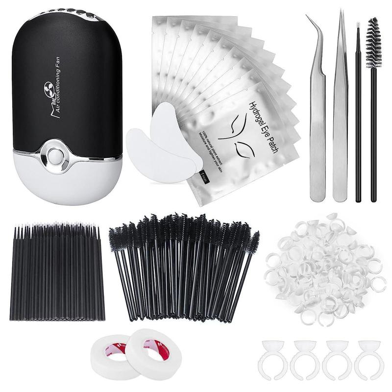 Eyelash Extension Tool Set, Including 1 Count Eyelash Fan, 2 Counts Tweezers, 100pcs Eyelash Swabs, 50pcs Brushes, 100pcs Glue Ring, 2pcs Tapes, 10pcs Eye Patch