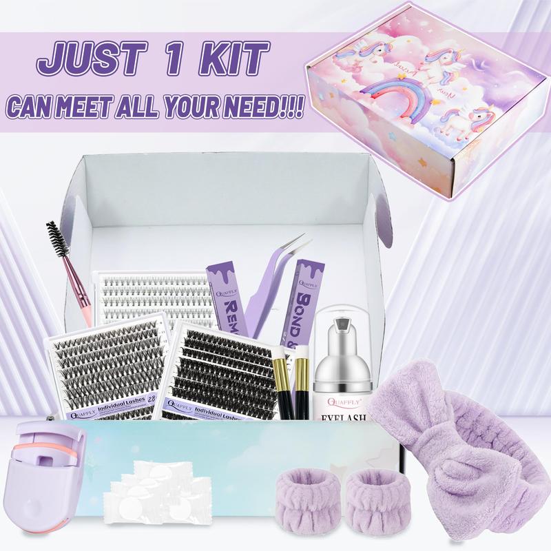 Eyelash Extension Kit, 1 Set Mixed Length & Style Cluster False Eyelashes Eyelash with Glue & Remover & Tweezers & Headband & Wrist Strap & Eyelash Curler, Christmas Gift