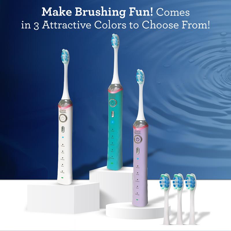 GuruNanda White Pressure Sensor Sonic Electric Toothbrush - Rechargeable with 5 Modes, Memory Function, 2-Min Smart Timer & 4 Replacement Heads