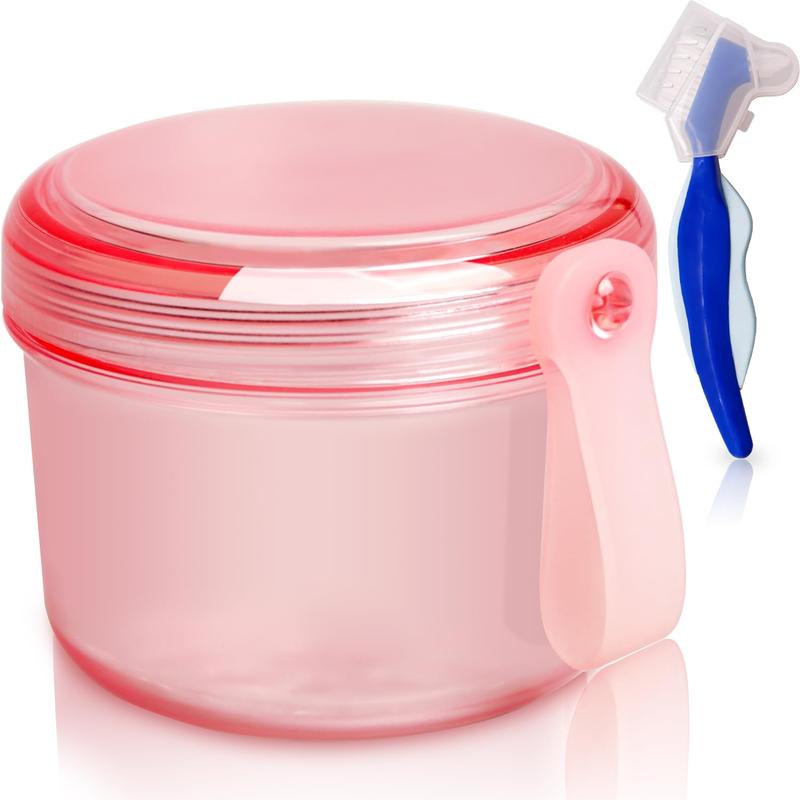 Leak Proof Denture Cups Bath, Dishwasher safe, Denture Case for Soaking Full & Partial Dentures, Retainers, with Hard Denture Cleaner Brush & Denture Brush Cover (Transparent Rouge)