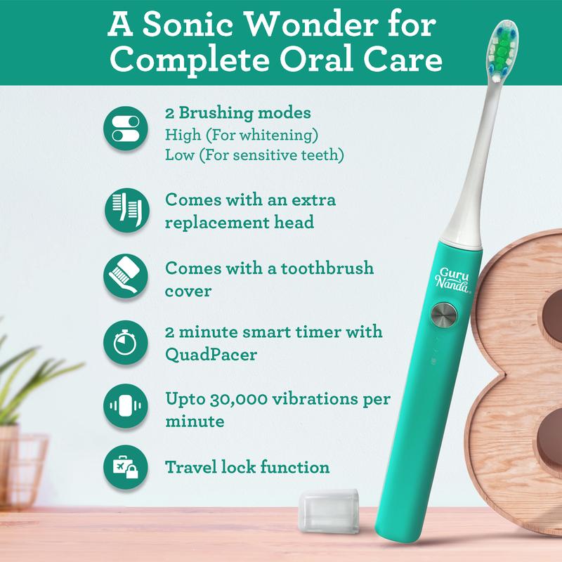 GuruNanda Cruiser Sonic Toothbrush - Portable with Travel Lock, 2 Brush Modes & Timer - Teal