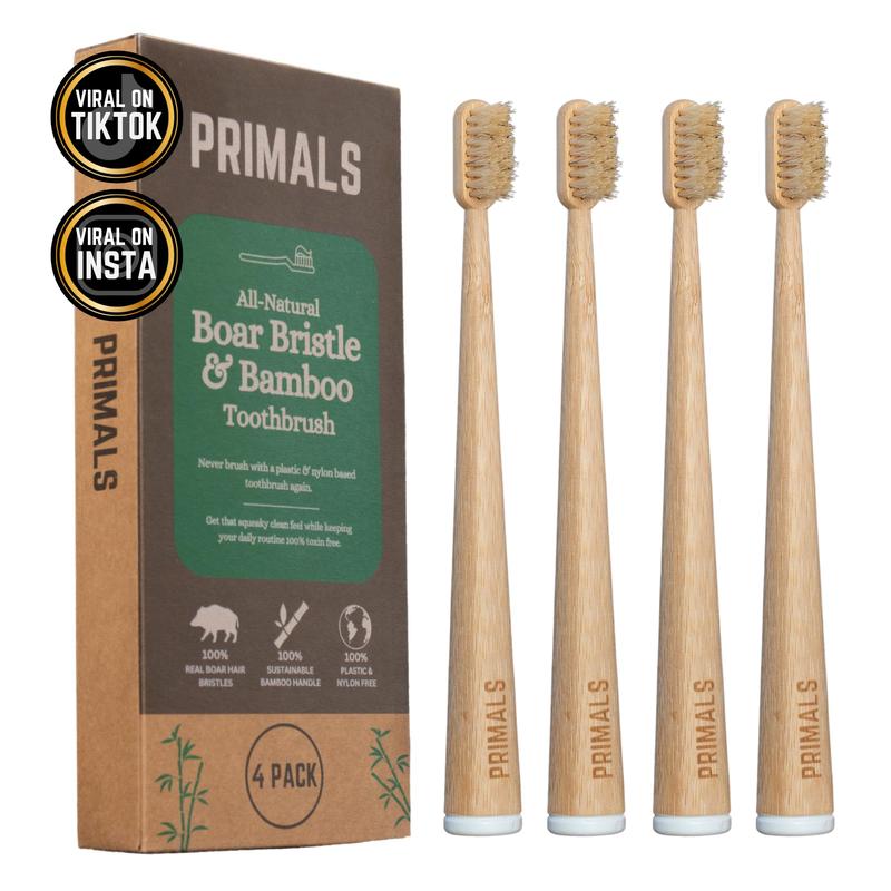 PRIMALS Boar Bristle & Bamboo Toothbrush (4-Pack) - 100% Real Boar Bristles - Plastic & Nylon Free