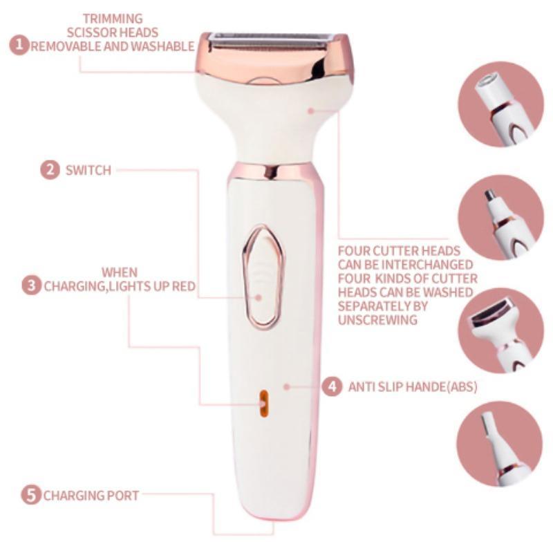 Christmas 4 in 1 Electric Shaver, Rechargeable Women's Hair Trimmer Set, Wet and Dry Cordless Epilator for Eyebrows, Nose, Face, Legs, Underarms, Bikini, Winter Gift