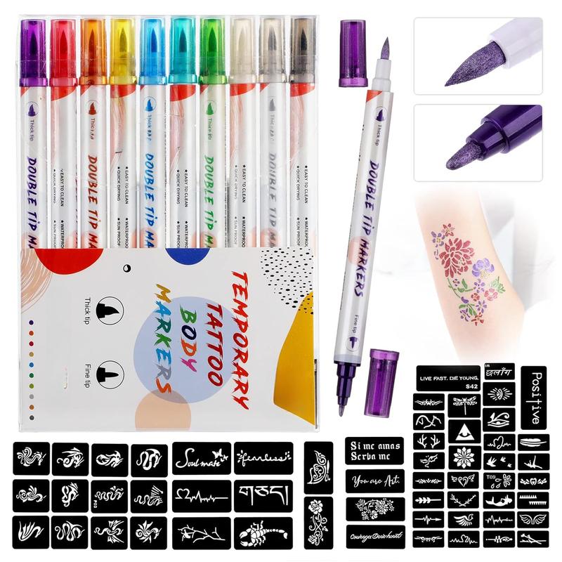 Temporary Tattoo Markers for Skin, 10 Body Markers + 56 Large Tattoo Stencils for Kids and Adults, Dual-End Tattoo Pens Make Bold and Fine Lines with Cosmetic-Grade Tattoo Ink ZYH2208001KIT