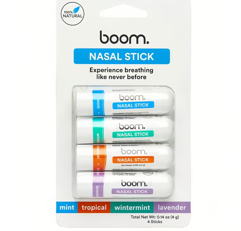 BoomBoom Nasal Stick (4 Pack) | Boosts Focus + Enhances Breathing | Provides Fresh Cooling Sensation | Aromatherapy Inhaler Made with Essential Oils + Menthol (Mint, Wintermint, Tropical, Lavender)