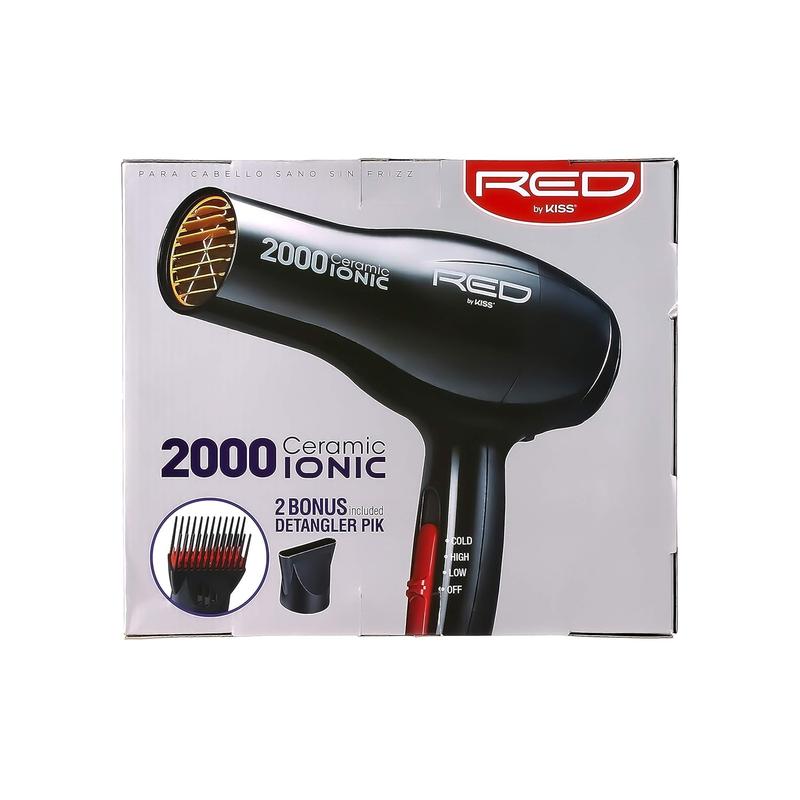 Red by Kiss 2000 Ceramic Ionic Hair Blow Dryer 2 Bonus Detangler Pik included Professional 3 Setting Heat Speed