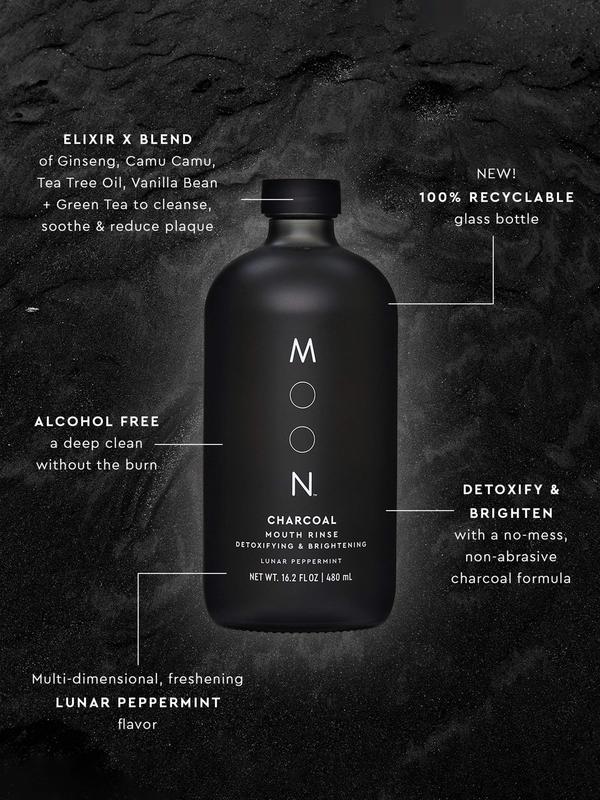 MOON Charcoal Mouth Rinse, Mouthwash for Adults, Freshens Breath and Detoxifies, Fluoride-Free, Alcohol-Free, Lunar Peppermint Flavor, 16 oz Oral Care Cleansing Daily