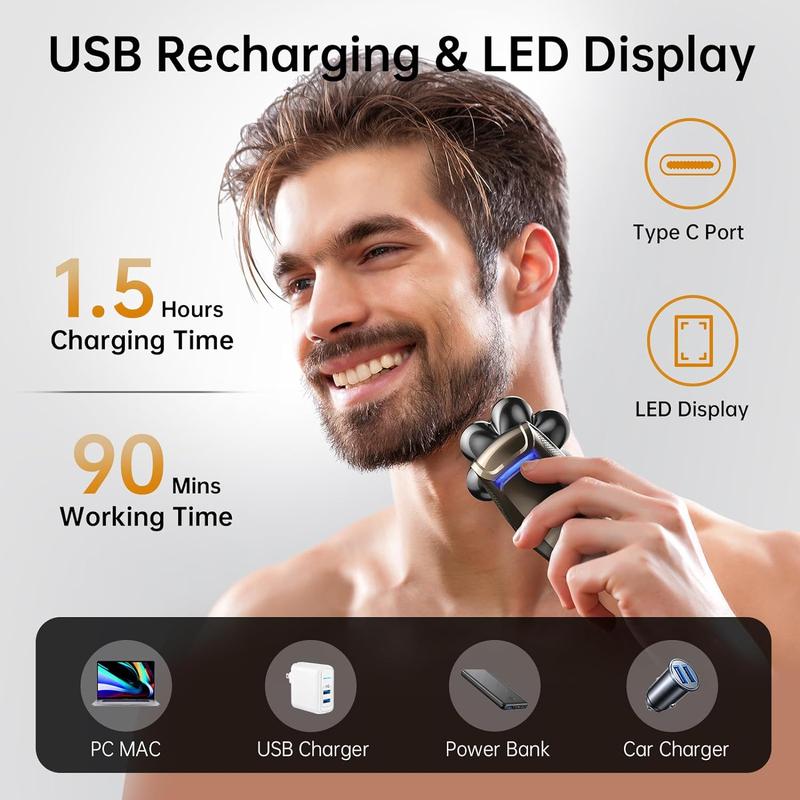 Bazivve 5-IN-1 Electric Shaver Kit with 7D Magnetic Head, LED Light, Type-C Quick Charge, and IPX7 Waterproof for Men's Grooming Needs