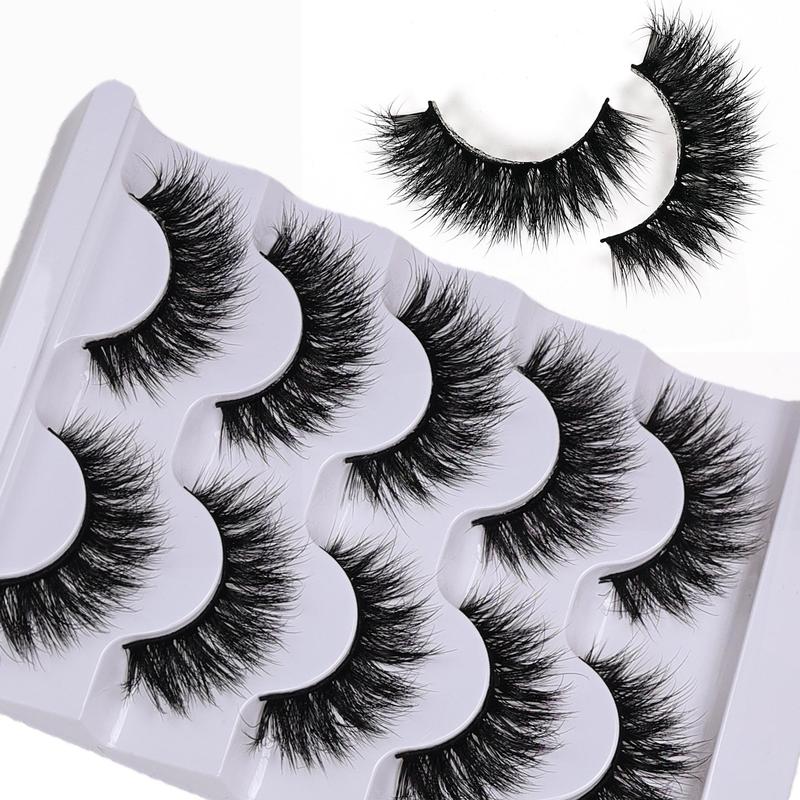 Fluffy False Eyelashes, 5 Pairs Wispy 6D Volume Faux Cluster Lashes, Natural Curling Eye Makeup Strip Lashes, Volumized False Eyelashes for Women and Girls, Christmas Gift