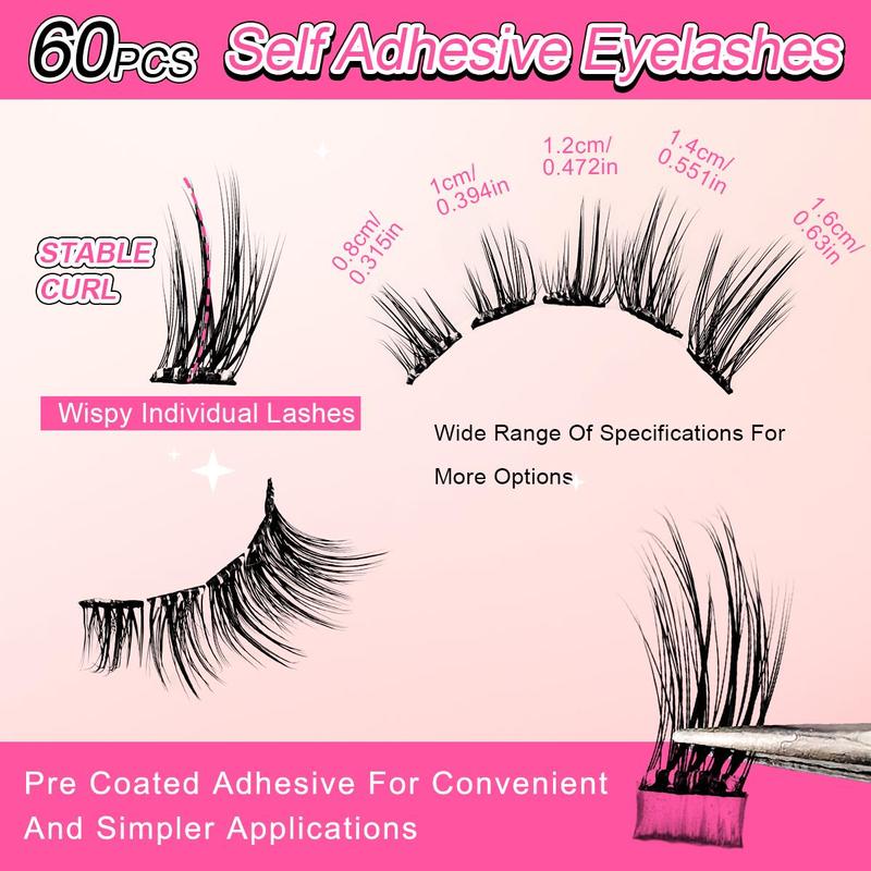 Self Adhesive Eyelashes Kit, 60 Clusters Natural Look Eyelash Extensions with Tools, Eye Makeup Enhancement False Eyelashes for Women & Girls