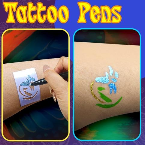 Temporary Tattoo Markers - 10 dual-tip washable, skin-safe colors with stencils for creating temporary body art, perfect for kids and adults.