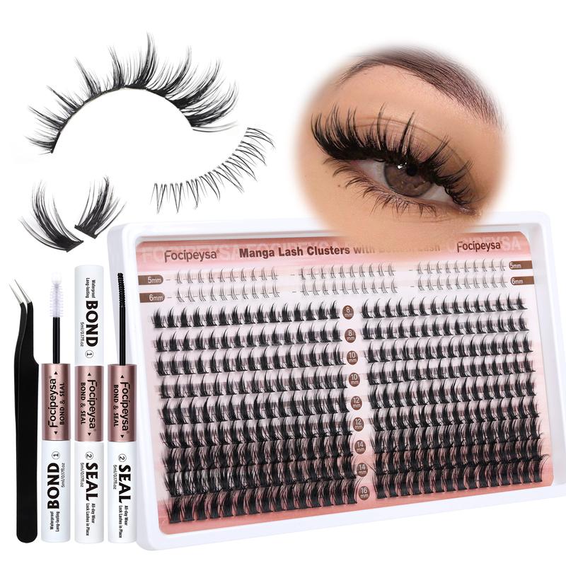 Focipeysa Manga Lash Clusters 8-16mm Lash Extension Natural Wispy Eyelash Clusters with Bottom Lashes DIY Eyelash Extension Kit with Lash Bond and Seal Lash Applicator for Beginners D Curl Lash Extensions (D-8-16MM-01B)