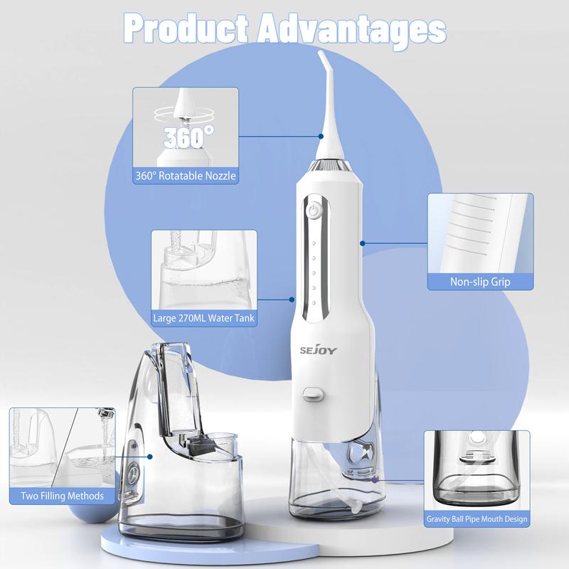 Sejoy Water Flosser With 5 Cleaning Modes, IPX7 & 270ML Large Water Tank, 5Jet Tips, Oral Irrigator Rechargeable for Home Travel & Office