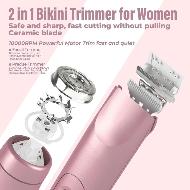 2 in 1 Women Electric Shaver Dual Head  Trimmer for Women IPX7 Waterproof Wet & Dry Use Body Hair Trimmer and  Hair Remover for  Underarm Leg Arm Body Face, Pink