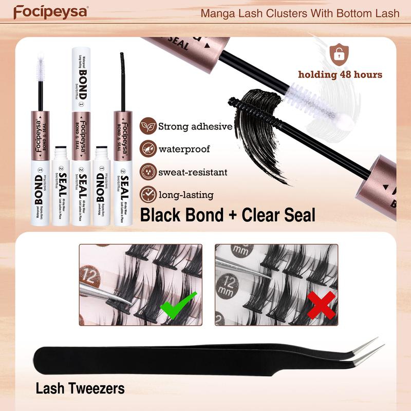 Focipeysa Manga Lash Clusters 8-16mm Lash Extension Natural Wispy Eyelash Clusters with Bottom Lashes DIY Eyelash Extension Kit with Lash Bond and Seal Lash Applicator for Beginners D Curl Lash Extensions (D-8-16MM-01B)