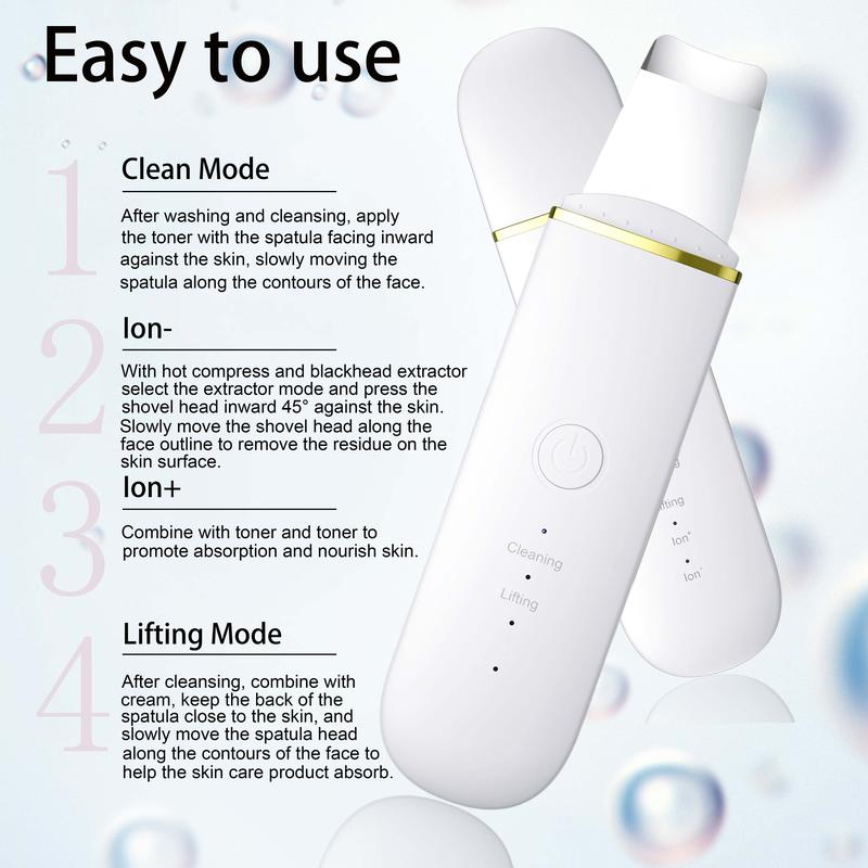 Cordless Ultrasonic Skin Scrubber, Facial Cleaner with High-frequency Vibration Massage, USB Rechargeable Skin Scraper with Four Modes, Summer Facial Pore & Blackhead Cleaner for Woman, Cleansing  Skincare