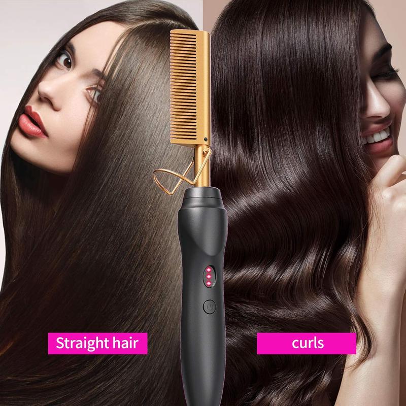 Hot Comb Hair Straightener Heat Pressing Combs - Ceramic Electric Hair Straightening Comb, Curling Iron for Natural Black Hair Beard Wigs Holiday Gift - Glod 5 In1