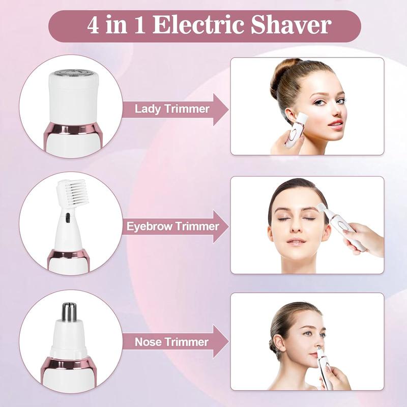 Rechargeable 4-in-1 Electric Razor for Women - Painless HairTrimmer for Face, Nose, Eyebrows, Beard, Mustache, Arm, LegArmpit, and Bikini -Portable Body Shavers Set rechargeablegrooming kit