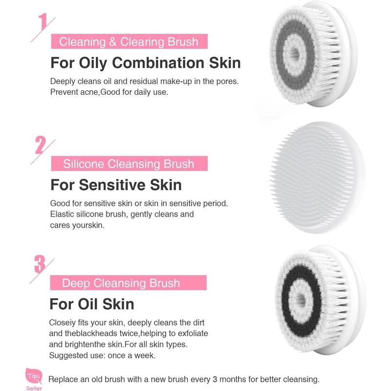 Face Brush Electric Face Cleansing Brush Skin Cleansing Face Scrubber with 3 Brush Heads Spin Brush for Deep Cleansing Exfoliation, Facial Cleanser Brush for Massaging Changzu