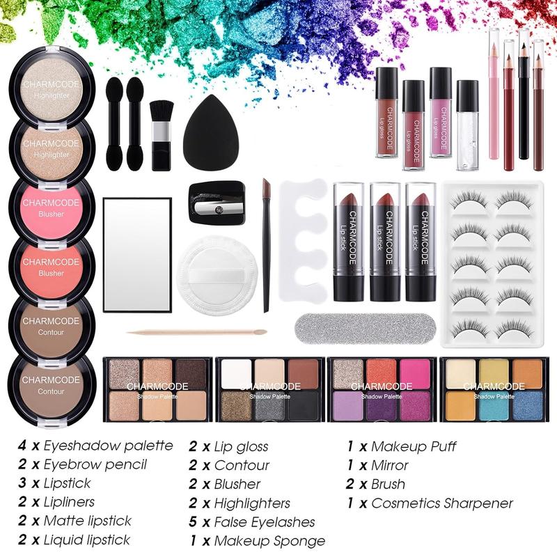 Makeup Kit for Women Full Kit - Eyeshadow Palette, Lipsticks, Lipgloss, Blushes, Contour, Highlighters, Makeup Pencil, False Eyelashes, Re-usable Train Case Gift Set for Teen Girls Starters Pros