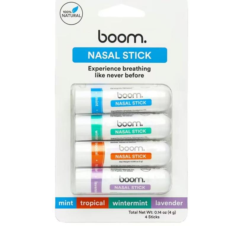 BoomBoom Nasal Stick (4 Pack) | Boosts Focus + Enhances Breathing | Provides Fresh Cooling Sensation | Aromatherapy Inhaler Made with Essential Oils + Menthol (Mint, Wintermint, Tropical, Lavender)