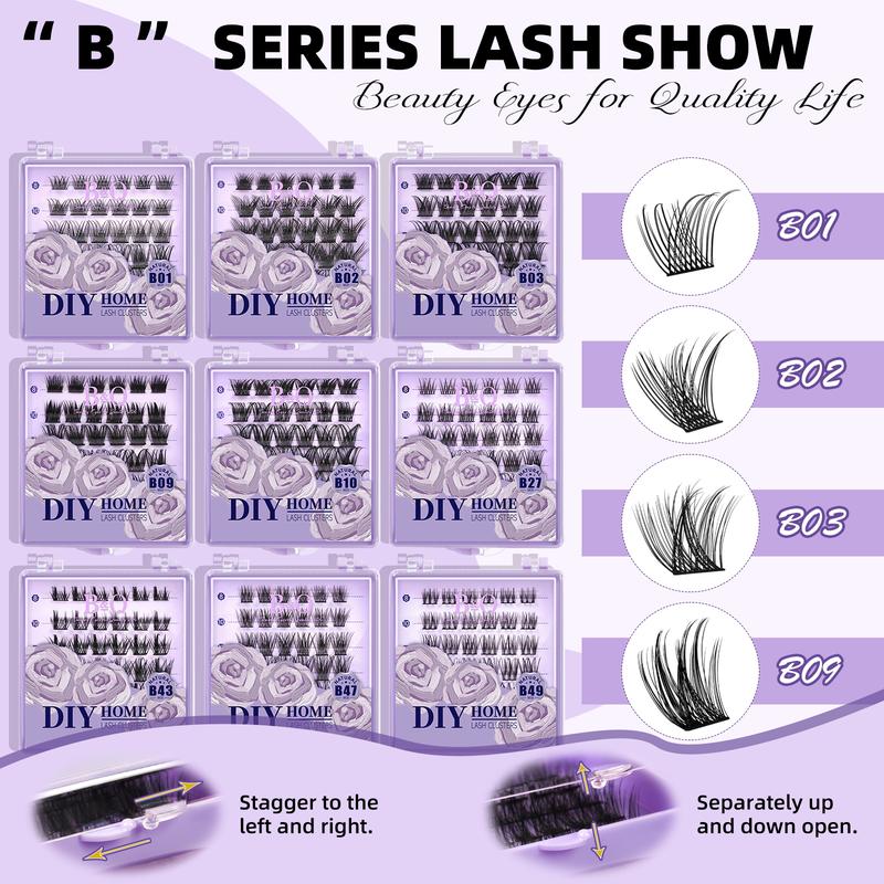 B&Q Lash Traveling Kit DIY Waterproof Lash Cluster Collection of 9 Styles with Eyelash Curlers Tweezers Mascara Brush Lash Extensions Makeup Cosmetic