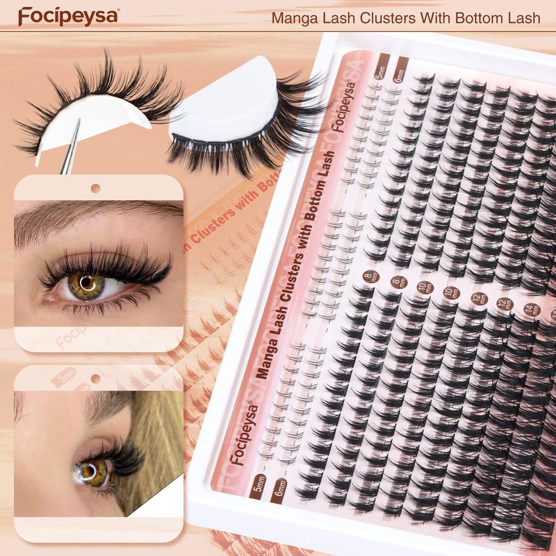 Focipeysa Manga Lash Clusters 8-16mm Lash Extension Natural Wispy Eyelash Clusters with Bottom Lashes DIY Eyelash Extension Kit with Lash Bond and Seal Lash Applicator for Beginners D Curl Lash Extensions (D-8-16MM-01B)