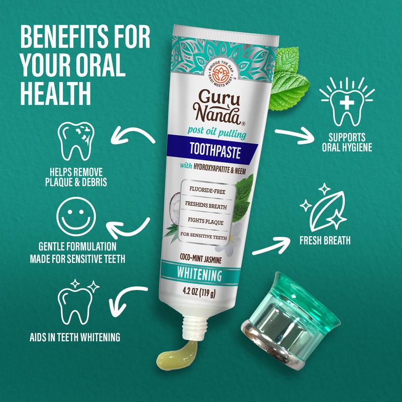 GuruNanda Non Fluoride, Hydroxyapatite, Whitening Toothpaste - Freshens Breath, Fights Plaque - CocoMint Jasmine Neem, 4.2oz