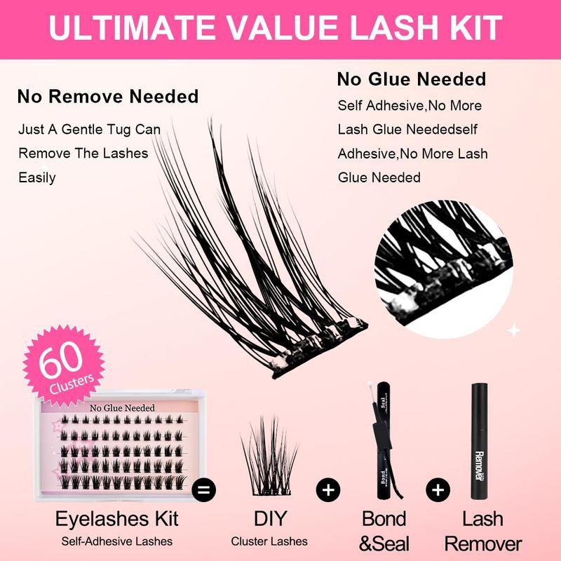 Self Adhesive Eyelashes Kit, 60 Clusters Natural Look Eyelash Extensions with Tools, Eye Makeup Enhancement False Eyelashes for Women & Girls