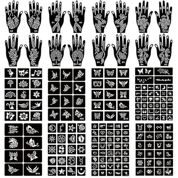 Henna Tattoo Stencil Kit 190pcs, 24 Sheets Henna Stencils Reusable Temporary Indian Arabian Glitter Airbrush Tattoo Stencils for Face Body Paint DIY Makeup Pigment