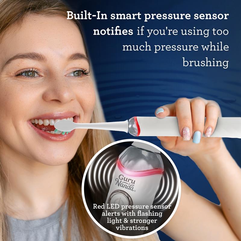 GuruNanda White Pressure Sensor Sonic Electric Toothbrush - Rechargeable with 5 Modes, Memory Function, 2-Min Smart Timer & 4 Replacement Heads