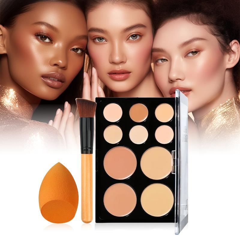 10 Color Concealer Palette with Sponge Puff & Makeup Brush Set, Long Lasting Concealer Makeup Palette, Facial Makeup Tools for Women and Girls