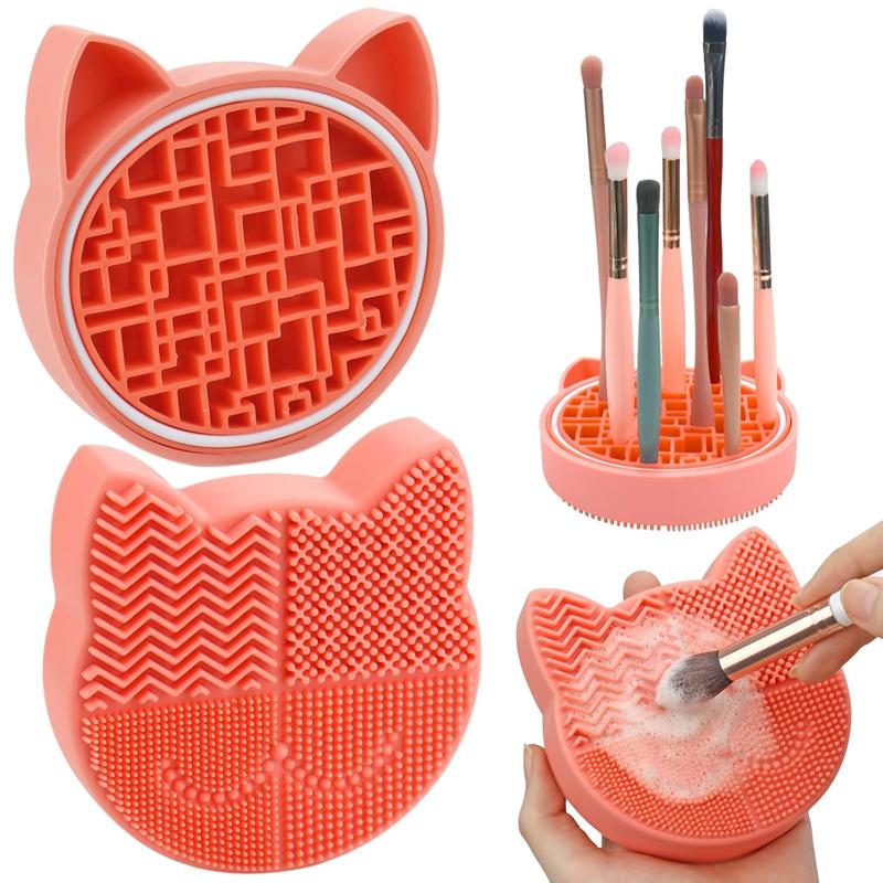 Makeup Brush Cleaning Mat with Drying Holder for Sink- Christmas Silicone Washing Cosmetic Brush Cleaner Pad (Orange)