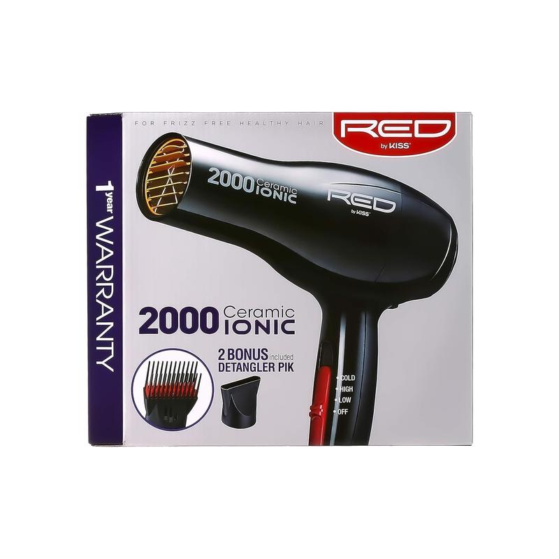 Red by Kiss 2000 Ceramic Ionic Hair Blow Dryer 2 Bonus Detangler Pik included Professional 3 Setting Heat Speed